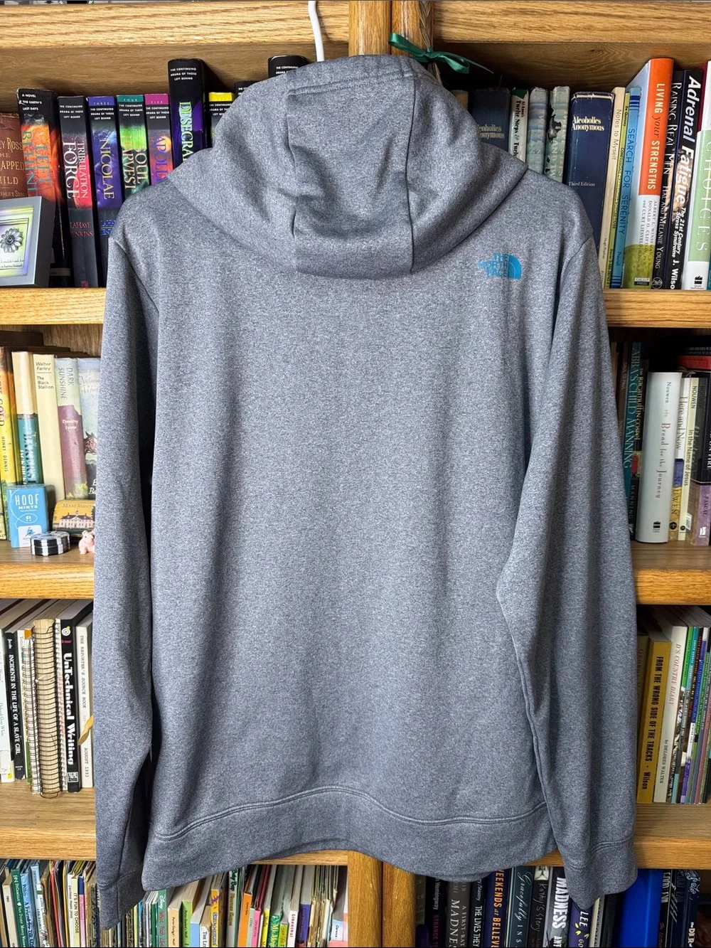 The North Face Men’s Heather Gray Pullover Hoodie with Teal Logo